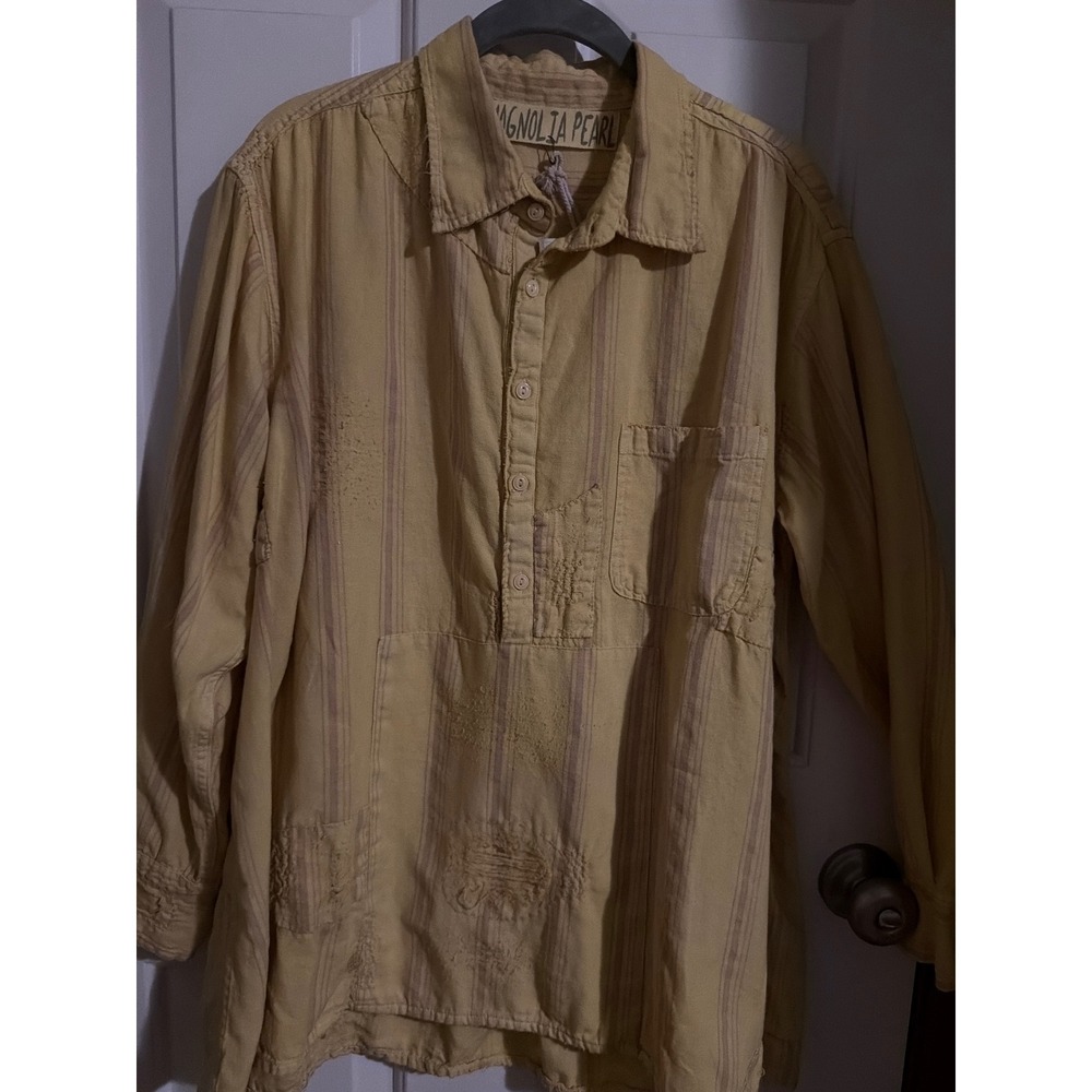 Magnolia Pearl Striped Distressed Cotton Linen Tunic Shirt Yellow One Size NWT